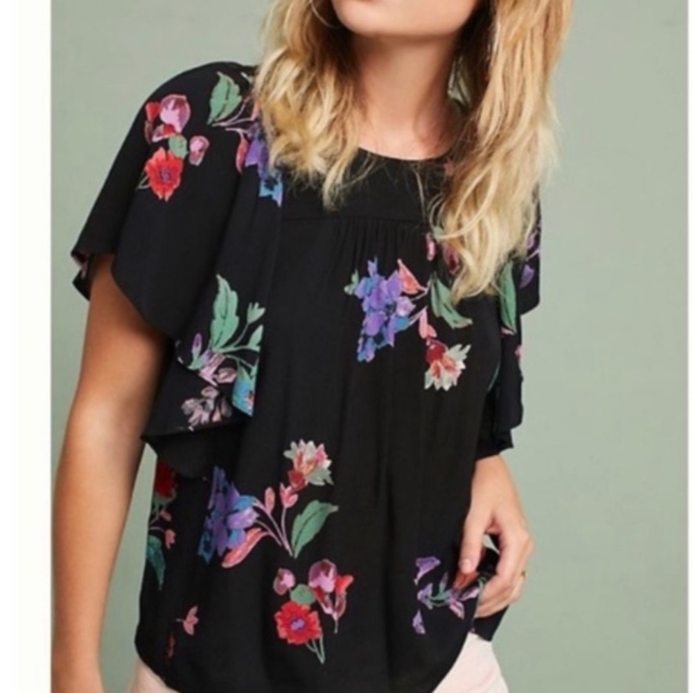 Anthropologie Maeve Floral Short Sleeve Blouse - size M; black/multi